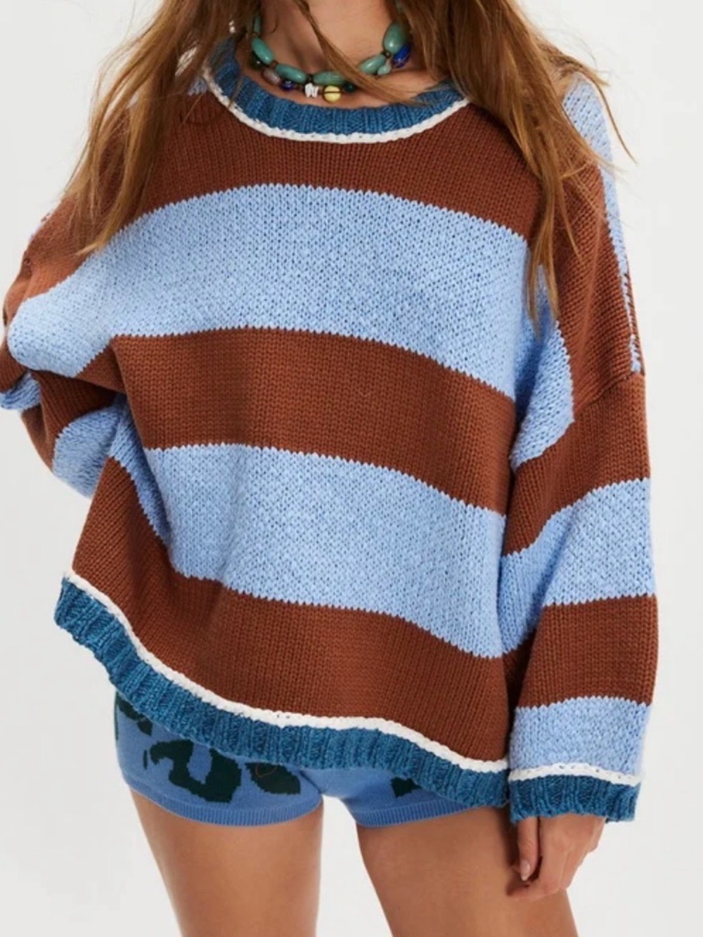 Altar'd State chunky oversized brown & light blue horizontal striped crew neck s